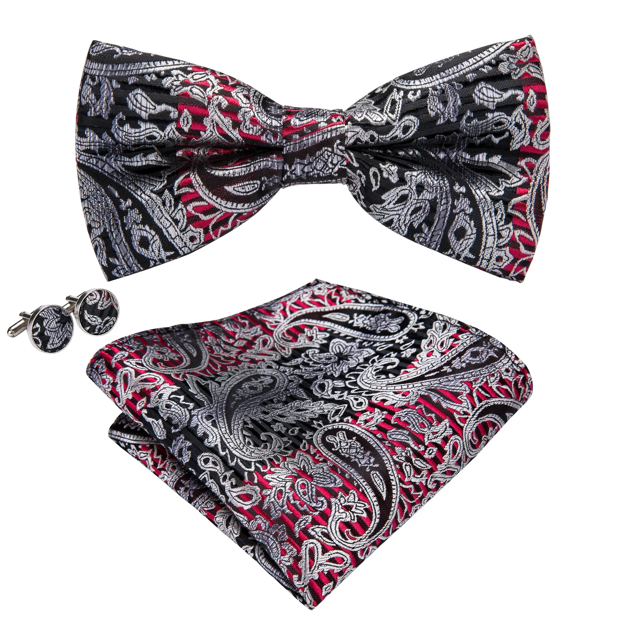 Silver Black Red Paisley Pre-tied Bow Tie Hanky Cufflinks Set