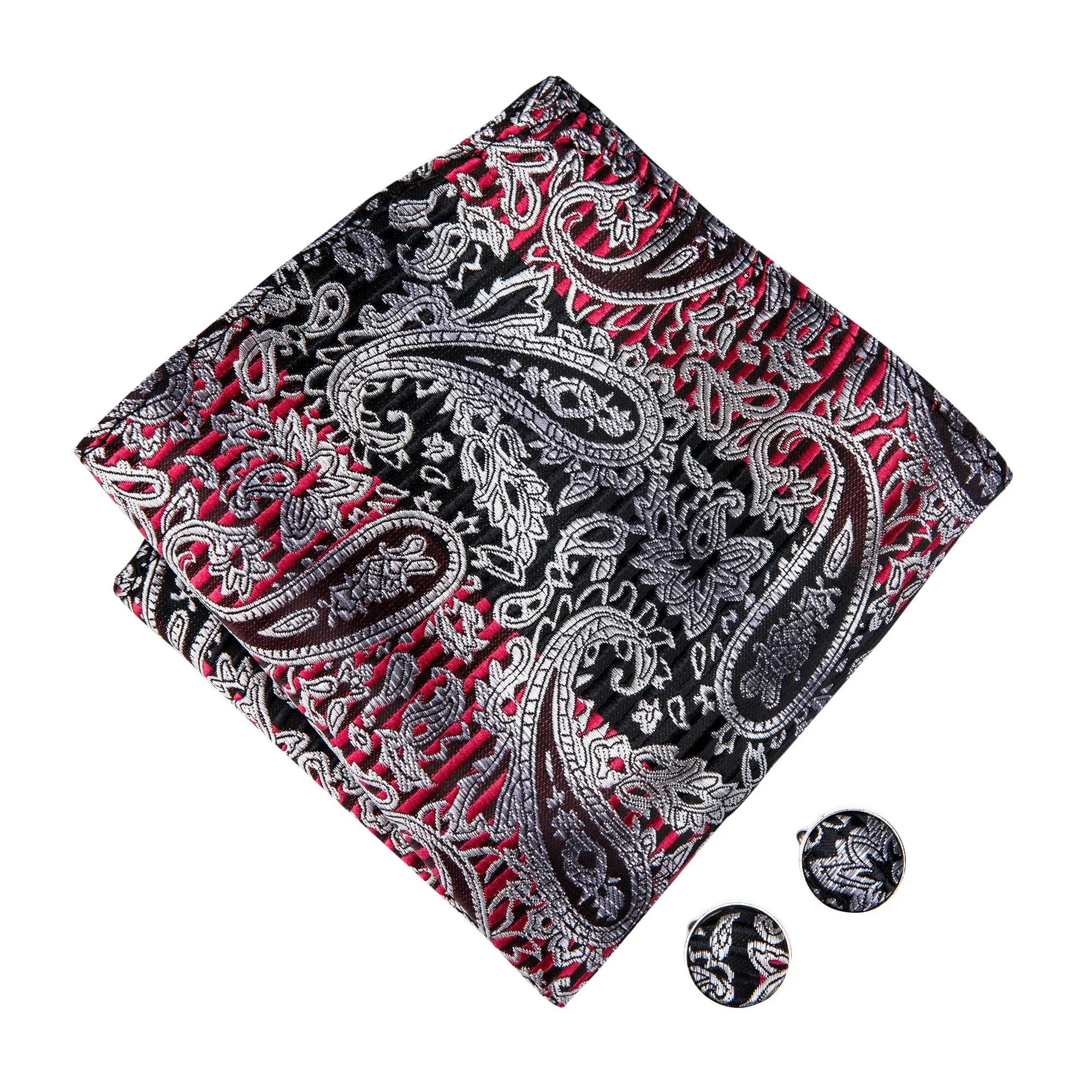 Silver Black Red Paisley Pre-tied Bow Tie Hanky Cufflinks Set