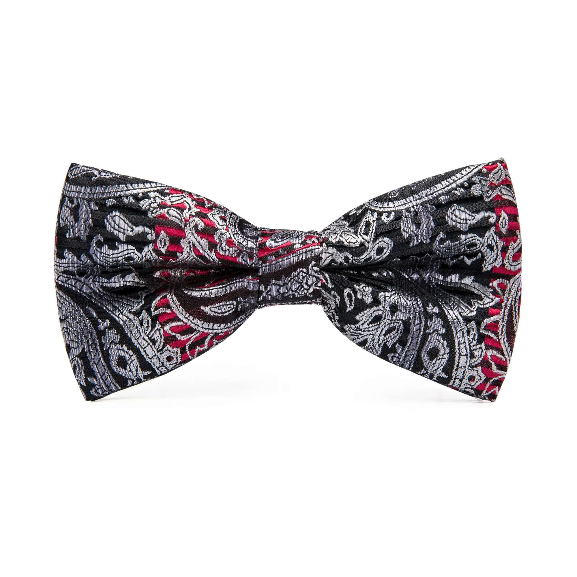 Silver Black Red Paisley Pre-tied Bow Tie Hanky Cufflinks Set