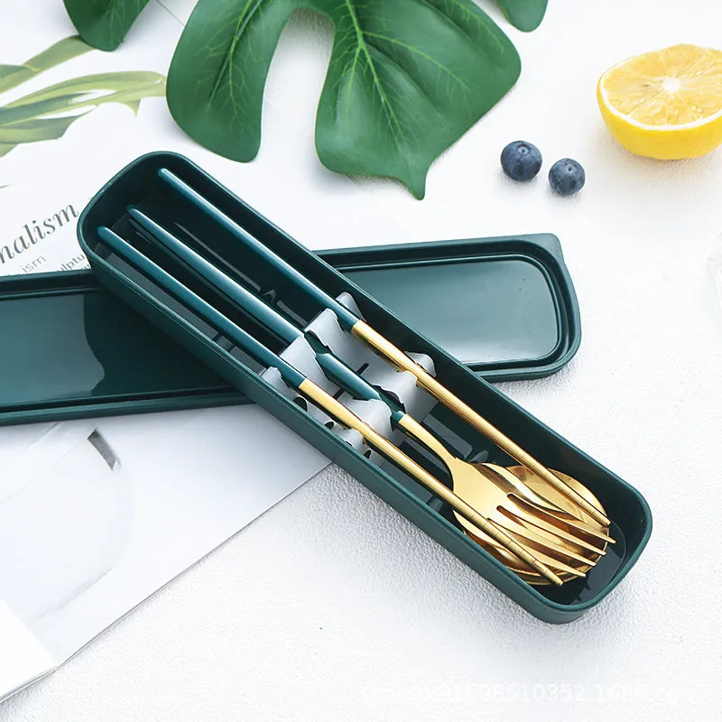Stainless Steel Portable Tableware Set Chopsticks Spoon Fork Portuguese Tableware Three-Piece Stainless Steel