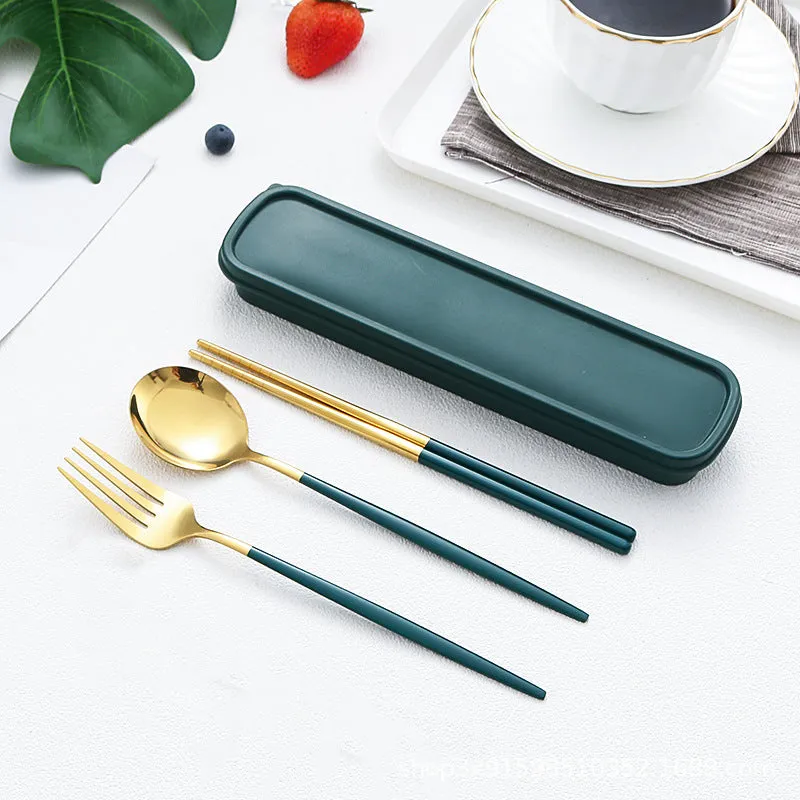 Stainless Steel Portable Tableware Set Chopsticks Spoon Fork Portuguese Tableware Three-Piece Stainless Steel