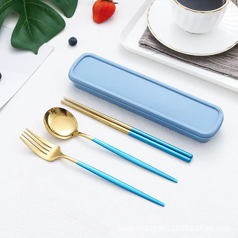 Stainless Steel Portable Tableware Set Chopsticks Spoon Fork Portuguese Tableware Three-Piece Stainless Steel