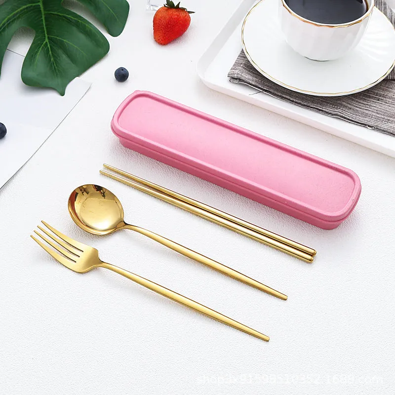 Stainless Steel Portable Tableware Set Chopsticks Spoon Fork Portuguese Tableware Three-Piece Stainless Steel
