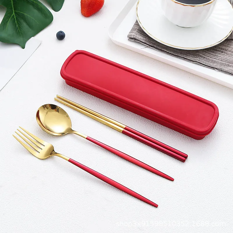 Stainless Steel Portable Tableware Set Chopsticks Spoon Fork Portuguese Tableware Three-Piece Stainless Steel