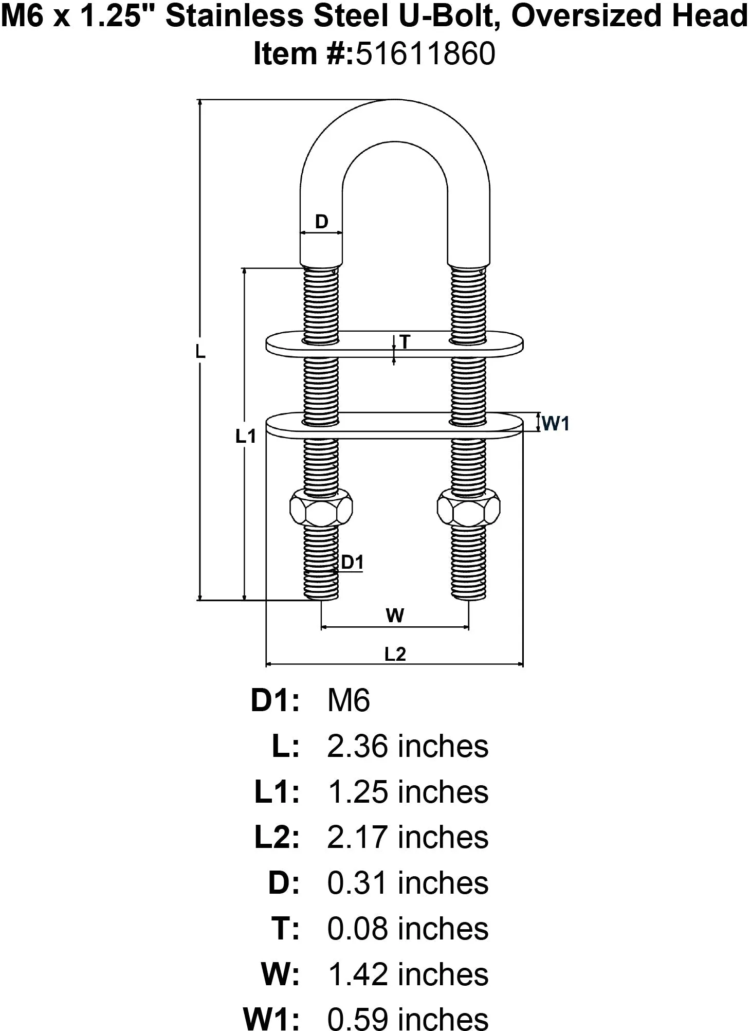 Stainless U-Bolts With Oversized Head, Metric