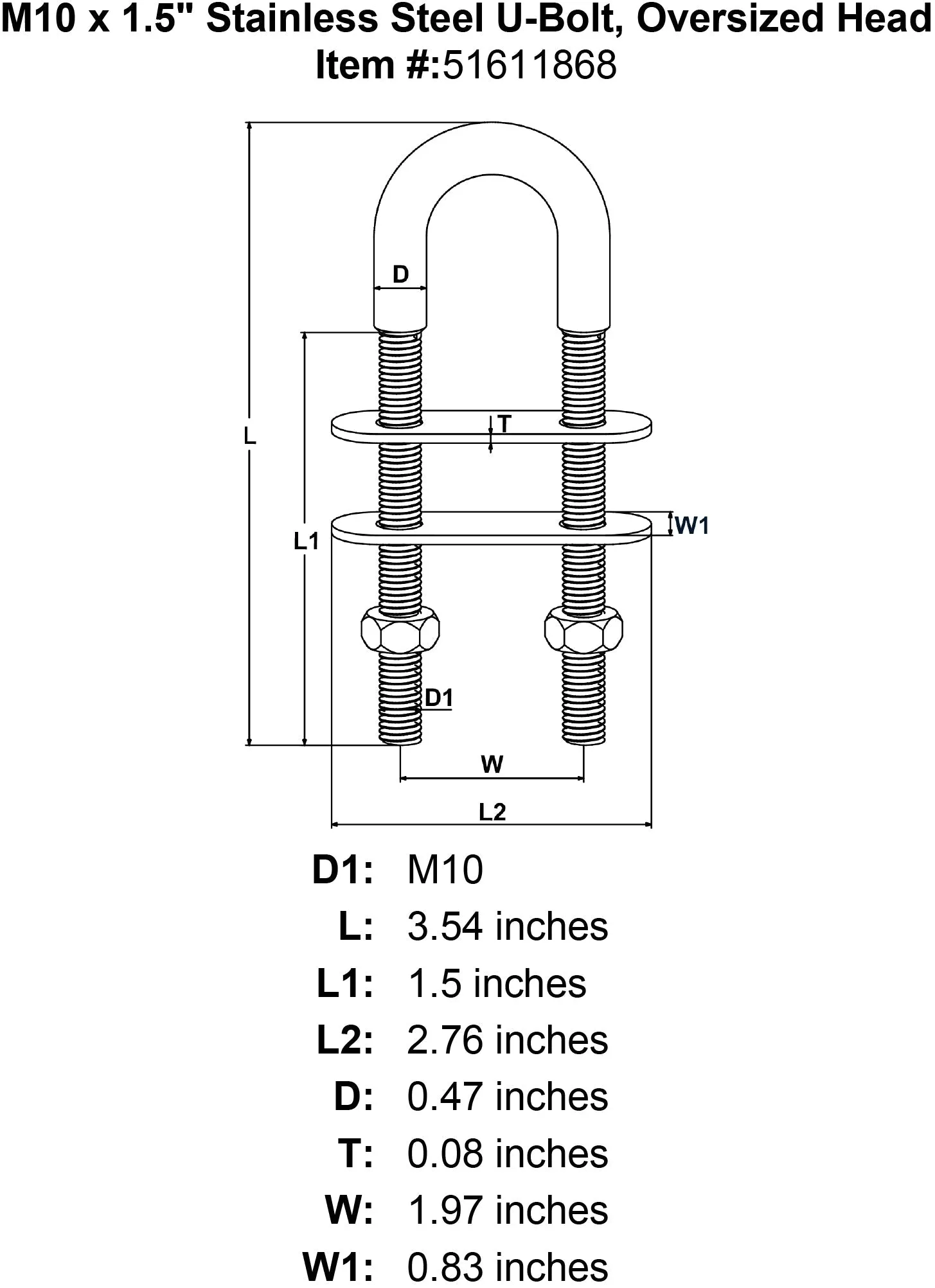 Stainless U-Bolts With Oversized Head, Metric