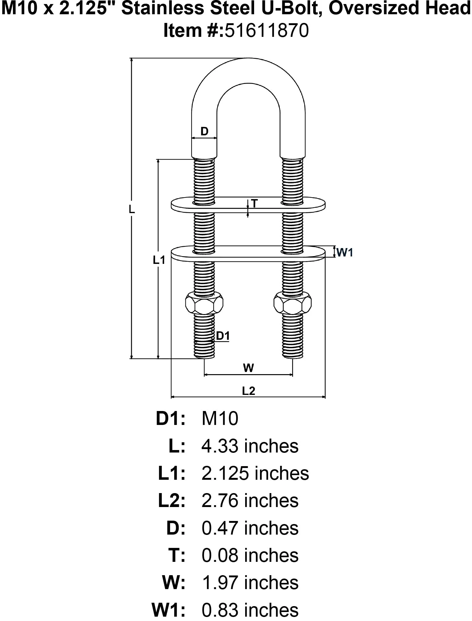Stainless U-Bolts With Oversized Head, Metric