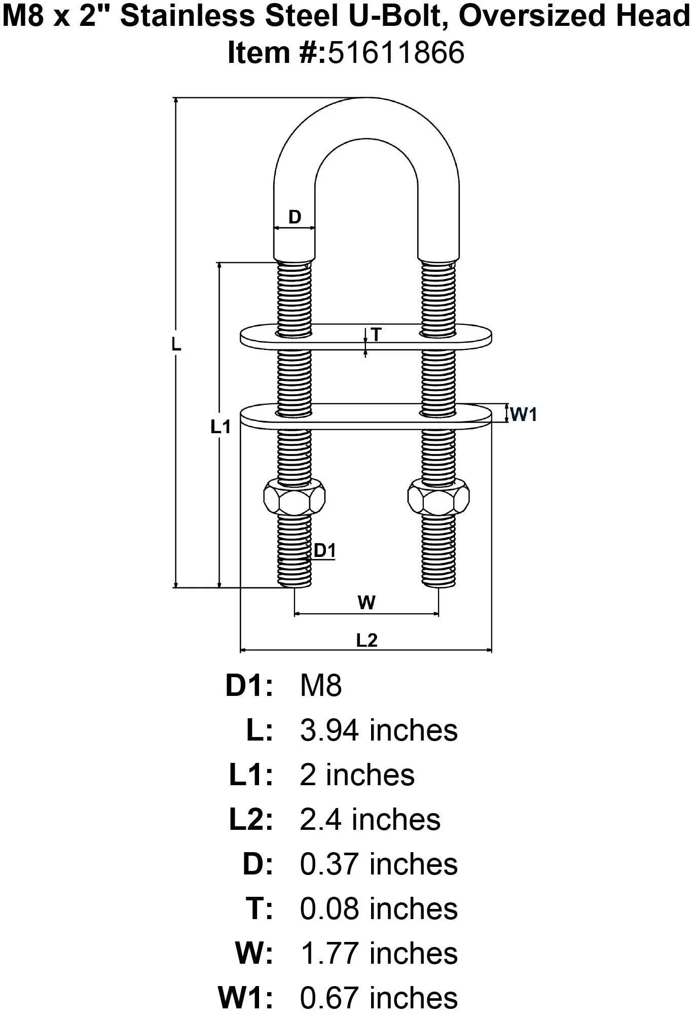 Stainless U-Bolts With Oversized Head, Metric