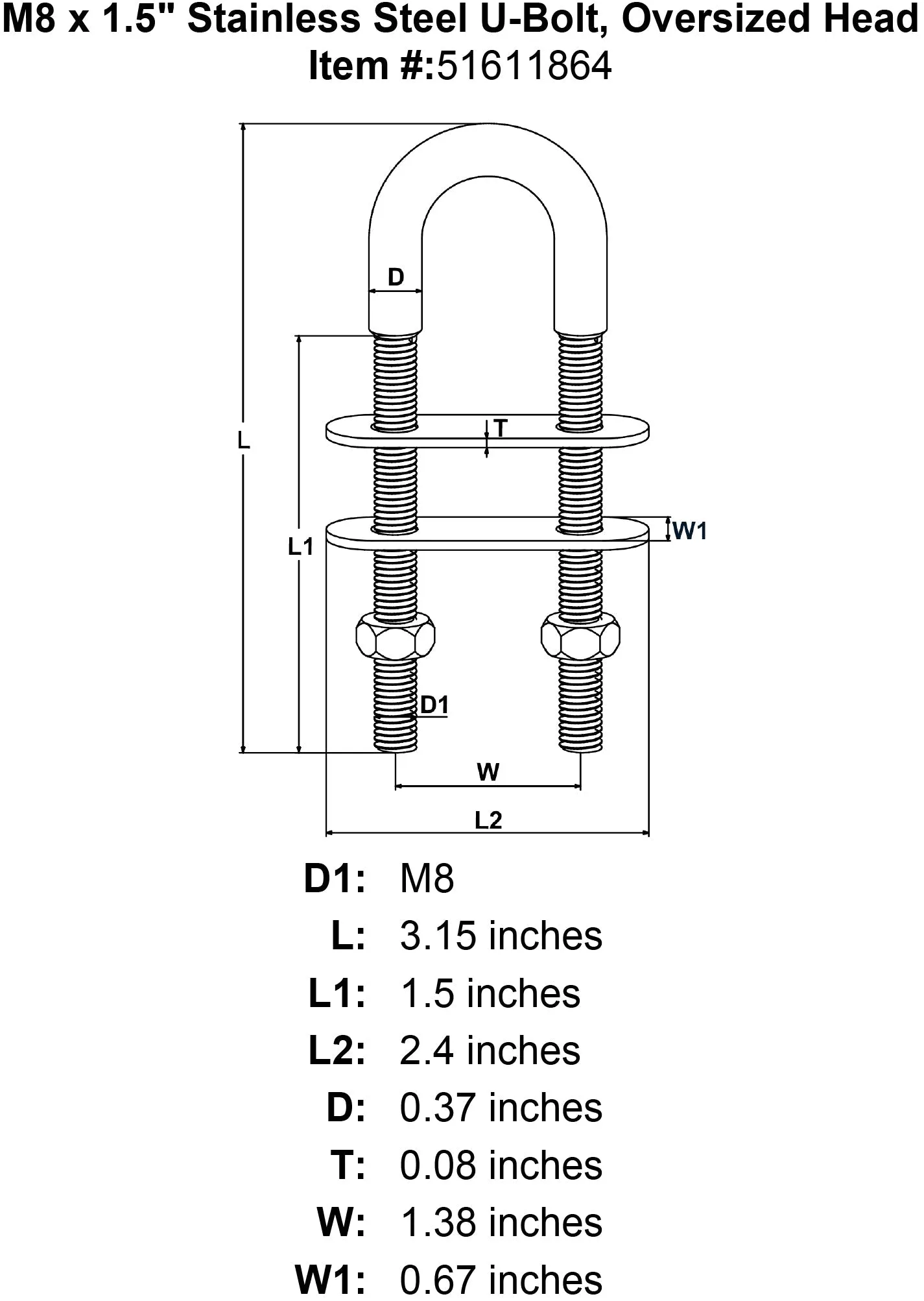 Stainless U-Bolts With Oversized Head, Metric