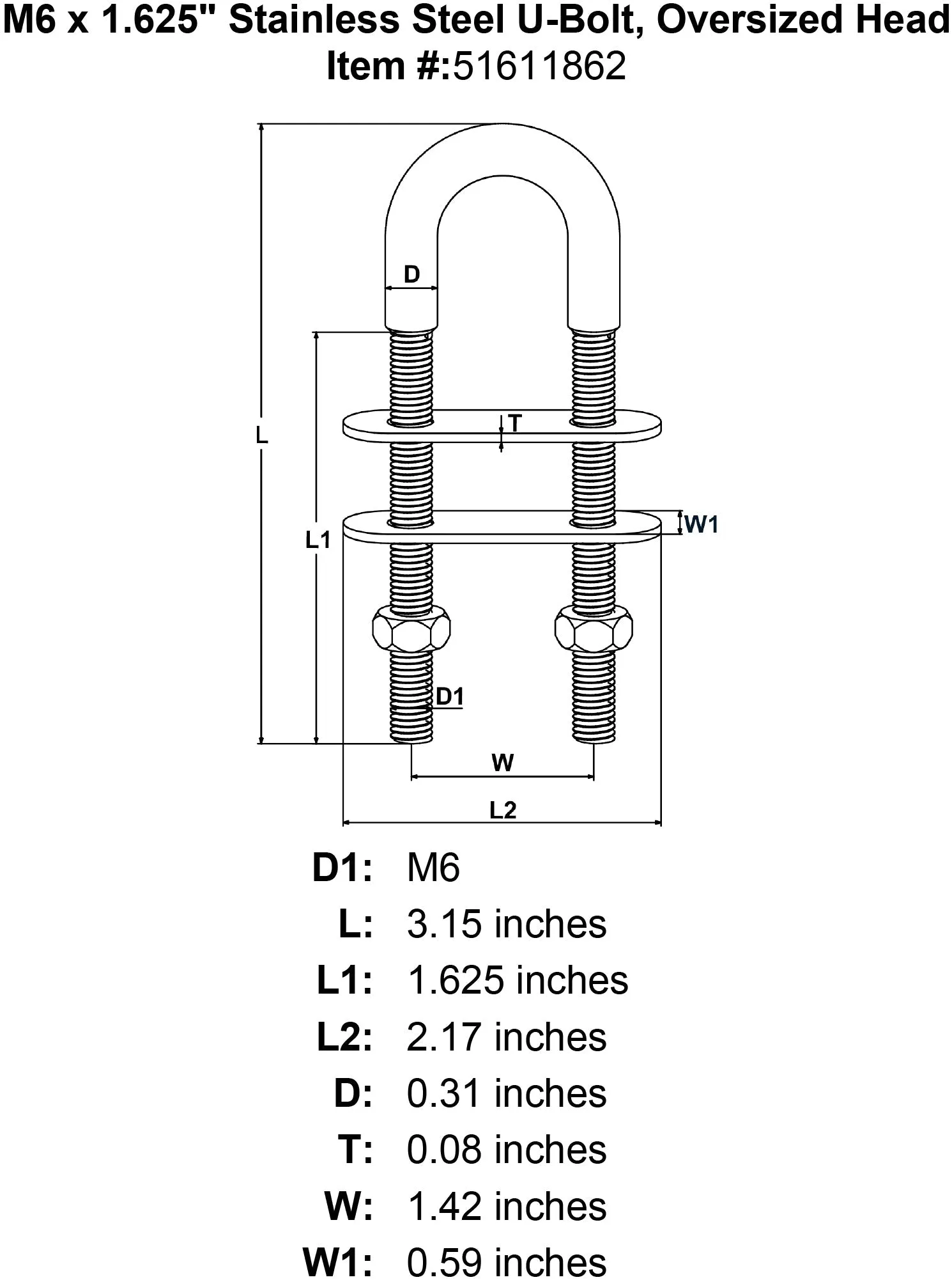 Stainless U-Bolts With Oversized Head, Metric