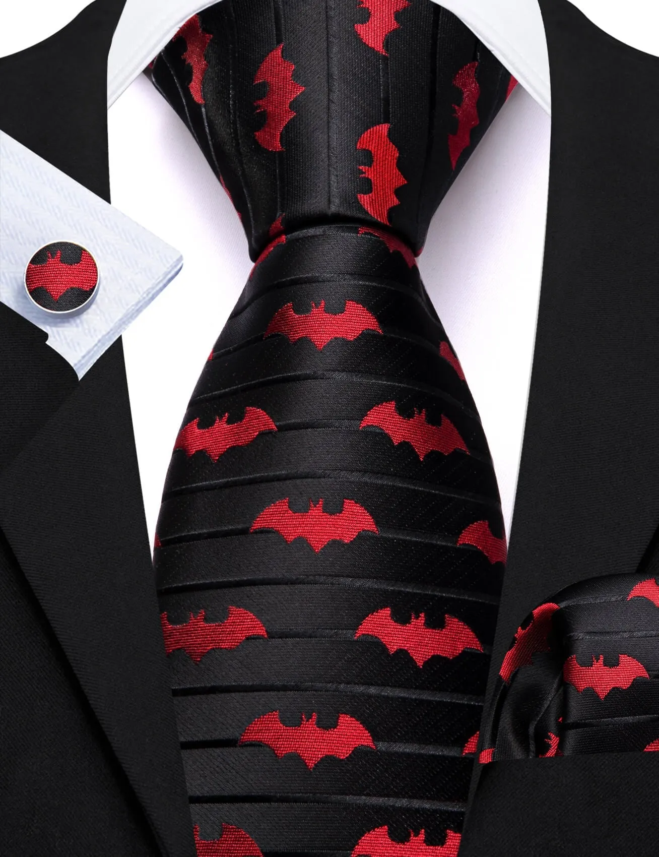 Ties2you Black Tie Red Jacquard Bat Men's Silk Tie Hanky Cufflinks Set