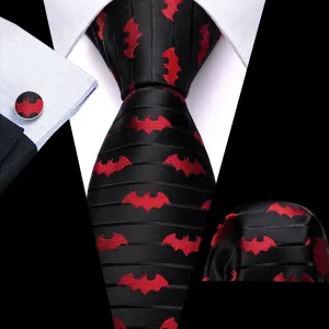 Ties2you Black Tie Red Jacquard Bat Men's Silk Tie Hanky Cufflinks Set