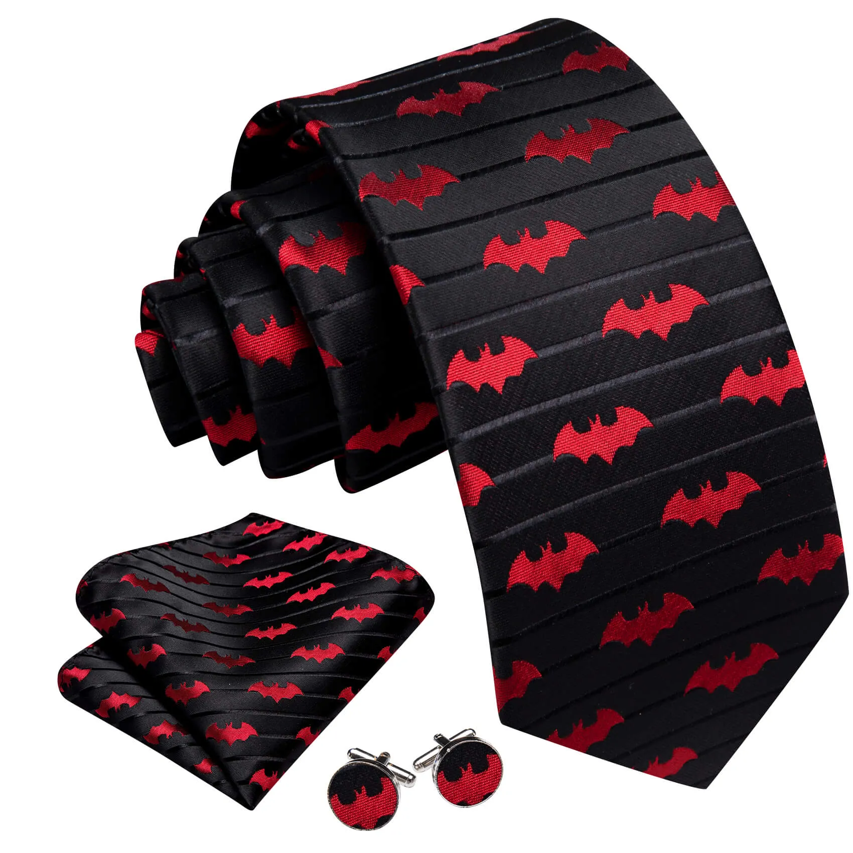 Ties2you Black Tie Red Jacquard Bat Men's Silk Tie Hanky Cufflinks Set