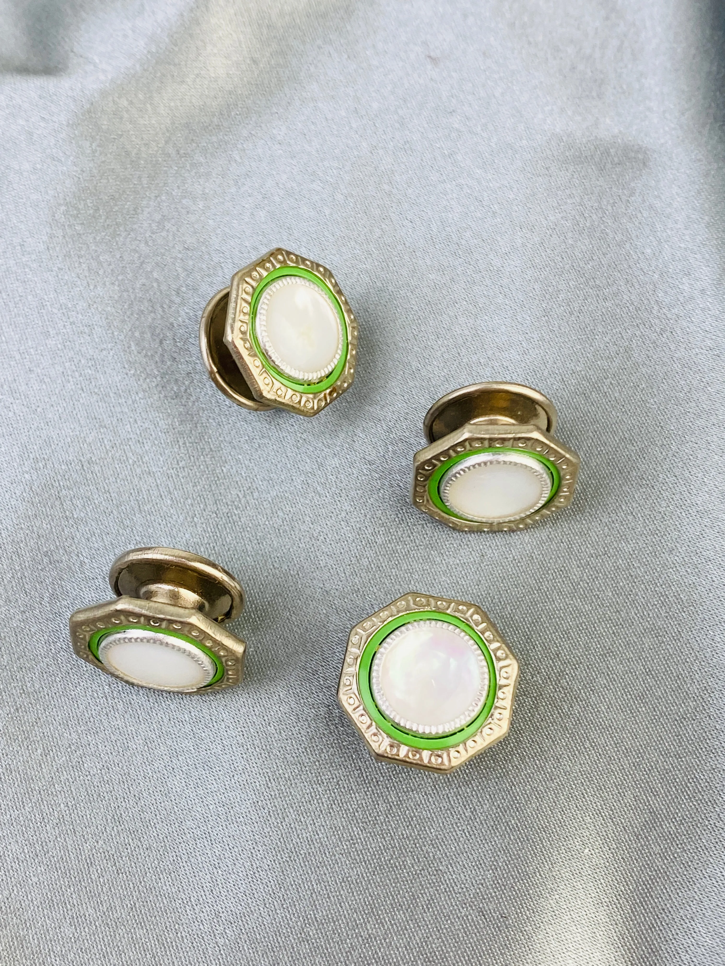 Vintage 1920s Art Deco Silver Octagonal Cufflinks, Green Celluloid & Mother of Pearl, Snap Link