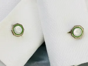 Vintage 1920s Art Deco Silver Octagonal Cufflinks, Green Celluloid & Mother of Pearl, Snap Link