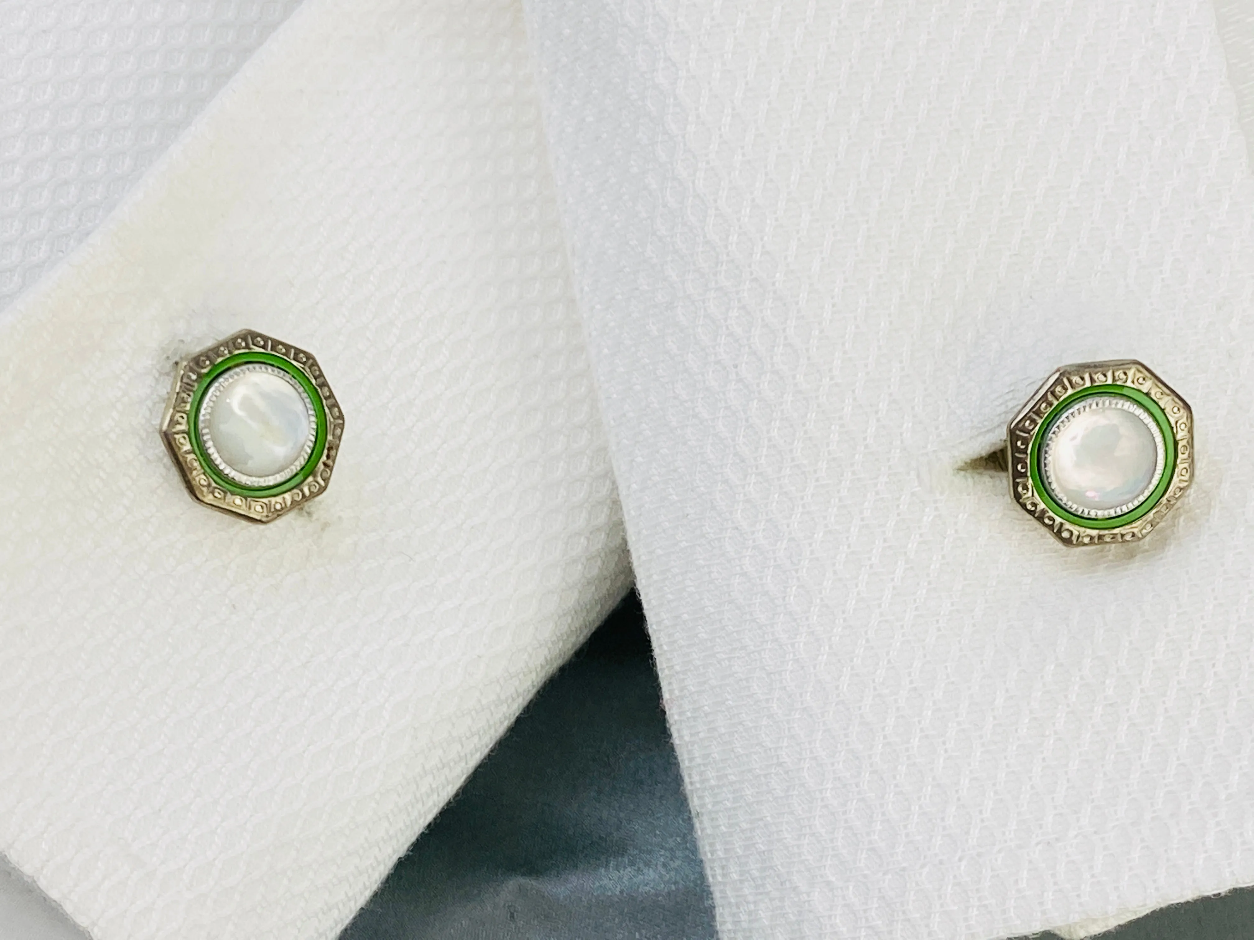 Vintage 1920s Art Deco Silver Octagonal Cufflinks, Green Celluloid & Mother of Pearl, Snap Link