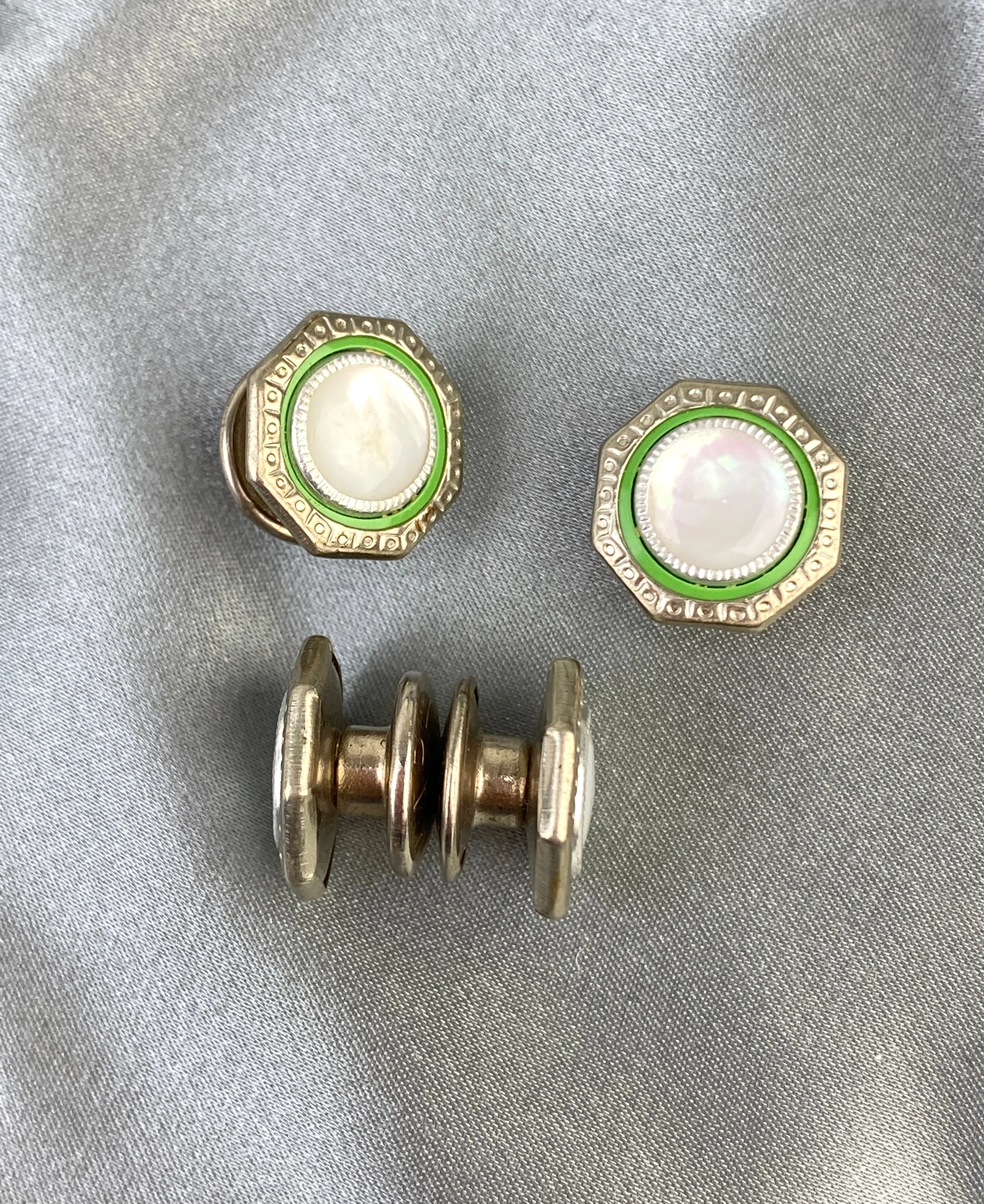 Vintage 1920s Art Deco Silver Octagonal Cufflinks, Green Celluloid & Mother of Pearl, Snap Link