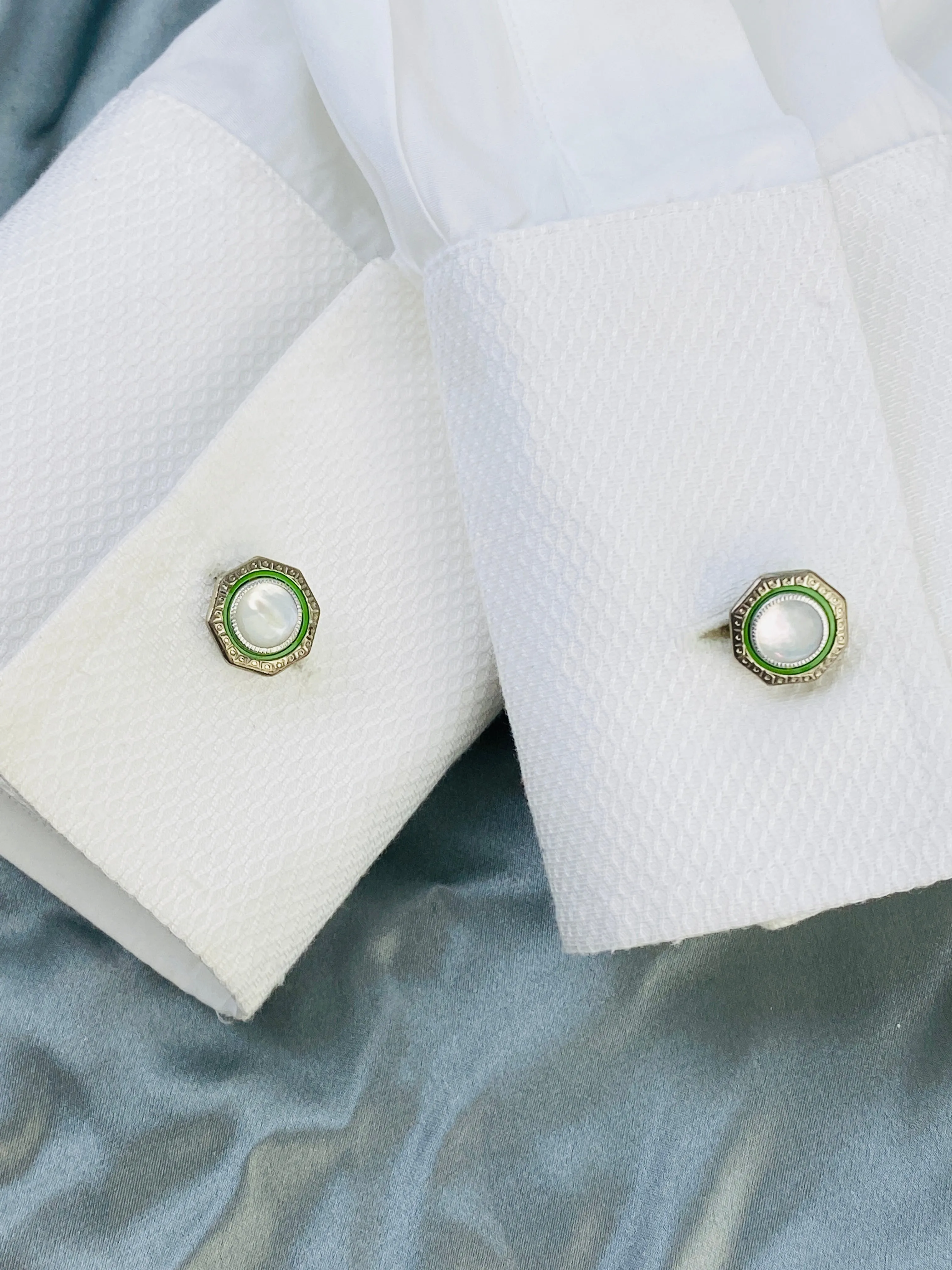 Vintage 1920s Art Deco Silver Octagonal Cufflinks, Green Celluloid & Mother of Pearl, Snap Link