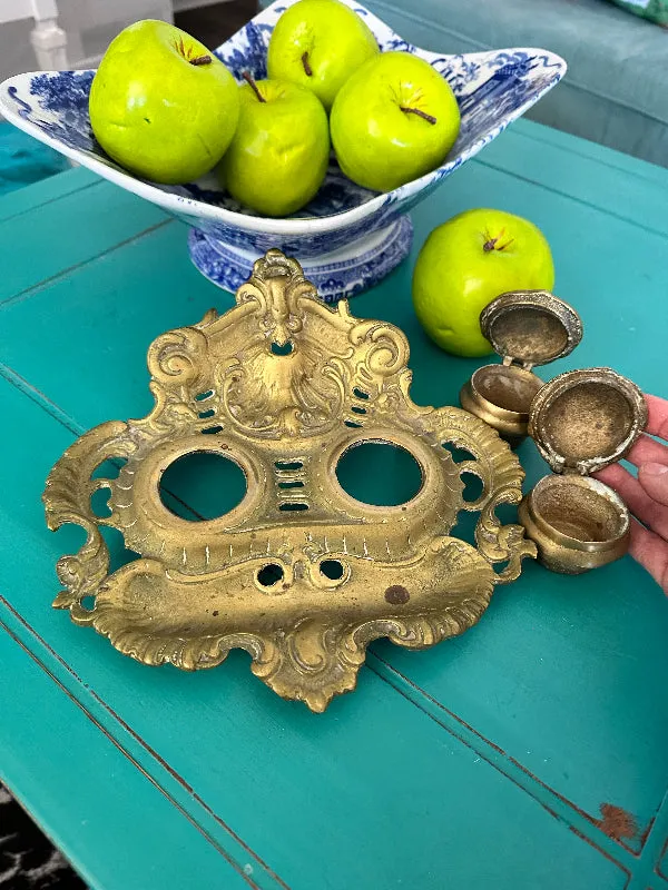 Vintage Brass Inkwell, 2 Removable Wells