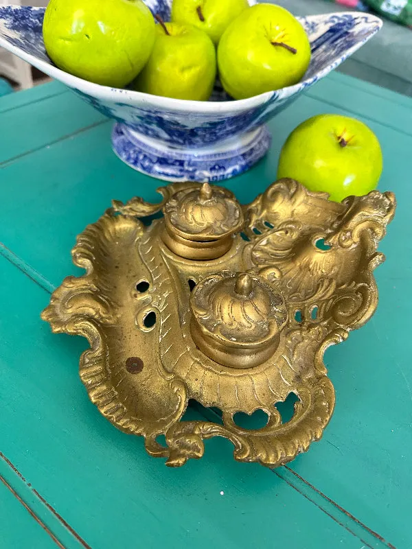 Vintage Brass Inkwell, 2 Removable Wells