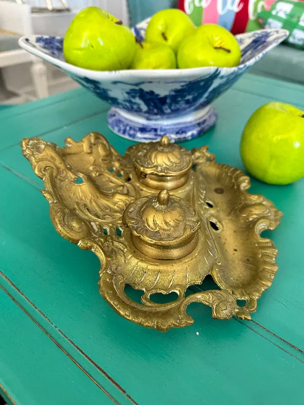 Vintage Brass Inkwell, 2 Removable Wells