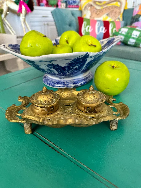 Vintage Brass Inkwell, 2 Removable Wells