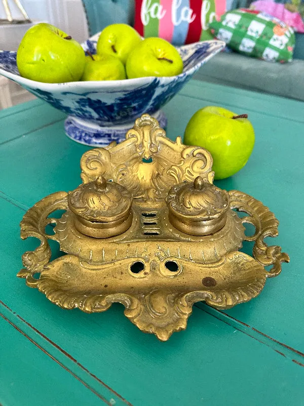 Vintage Brass Inkwell, 2 Removable Wells