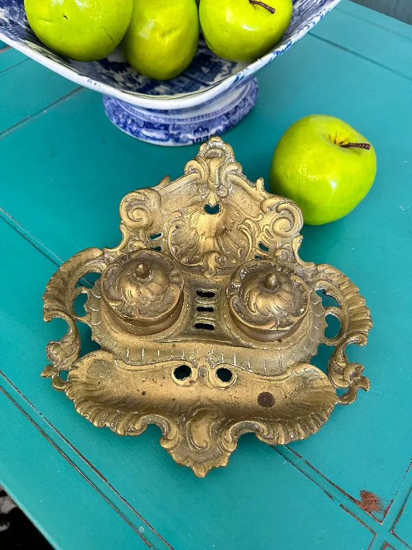 Vintage Brass Inkwell, 2 Removable Wells