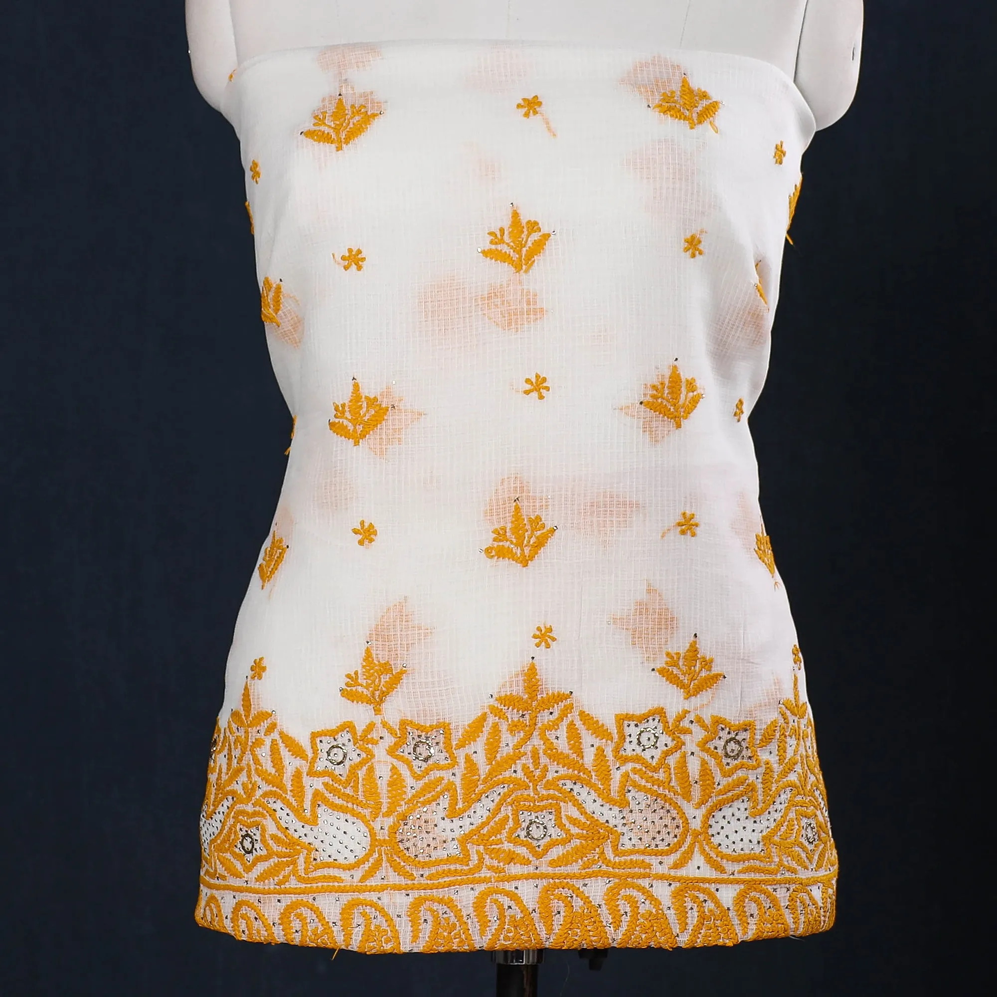 White - 2pc Lucknow Chikankari Mukaish Hand Embroidery Kota Doria Suit Material Set