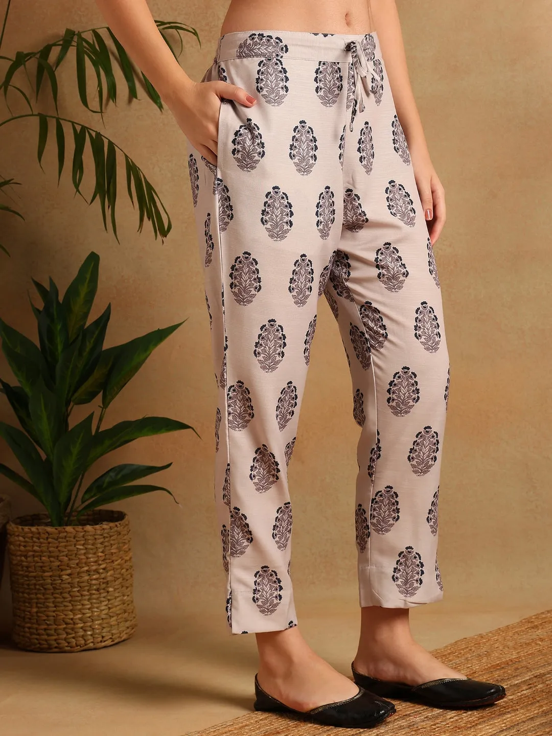 Women Navy Blue Rayon Blend Paisley Printed Straight Kurta Trousers With Dupatta