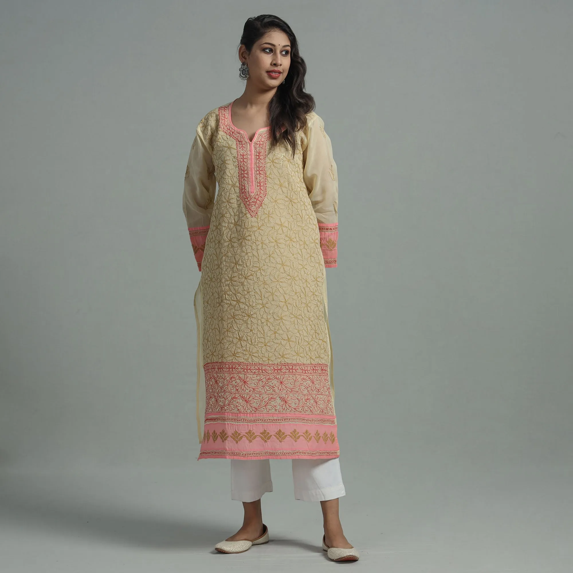 Yellow Chikankari Hand Embroidered Cotton Long Kurta with Inner