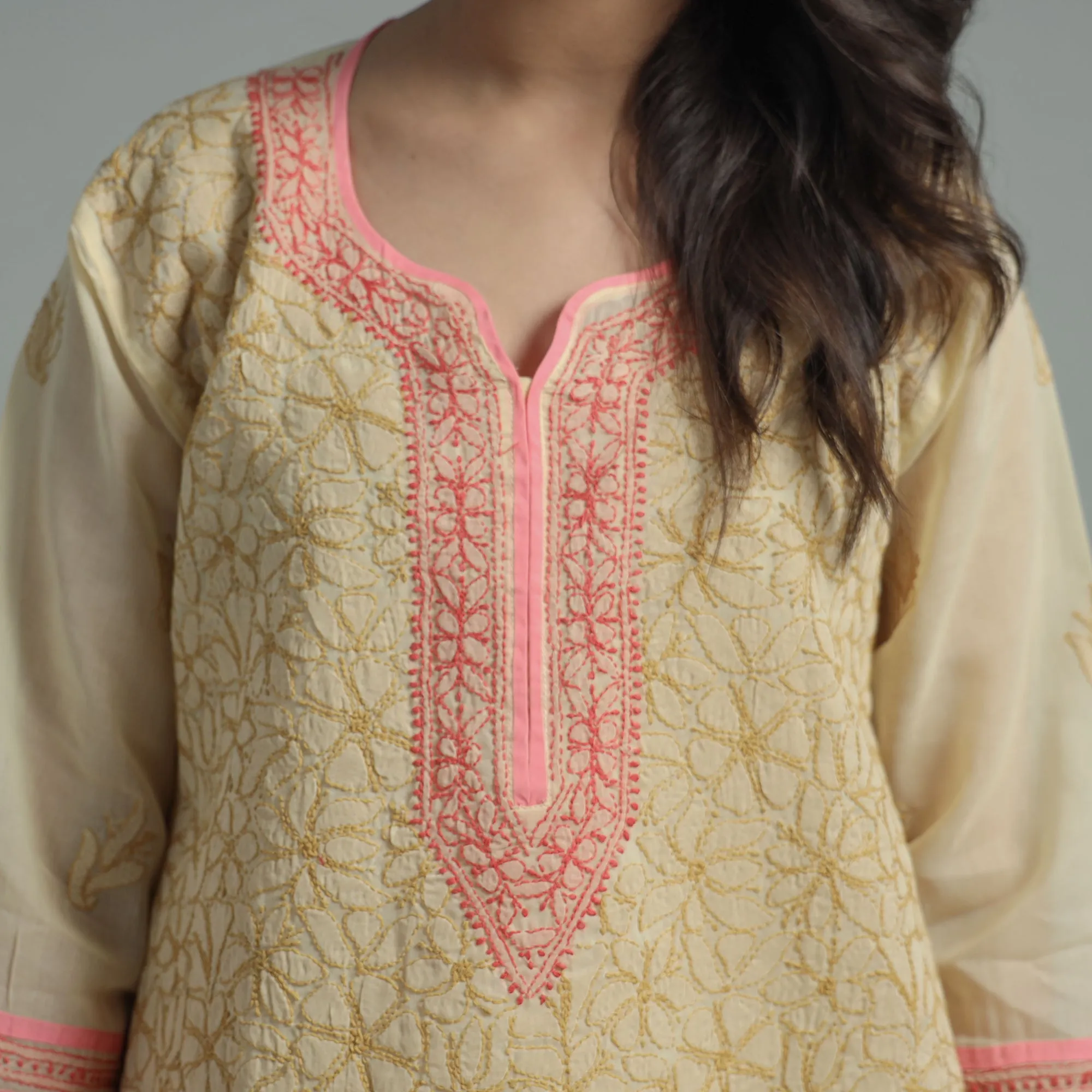 Yellow Chikankari Hand Embroidered Cotton Long Kurta with Inner