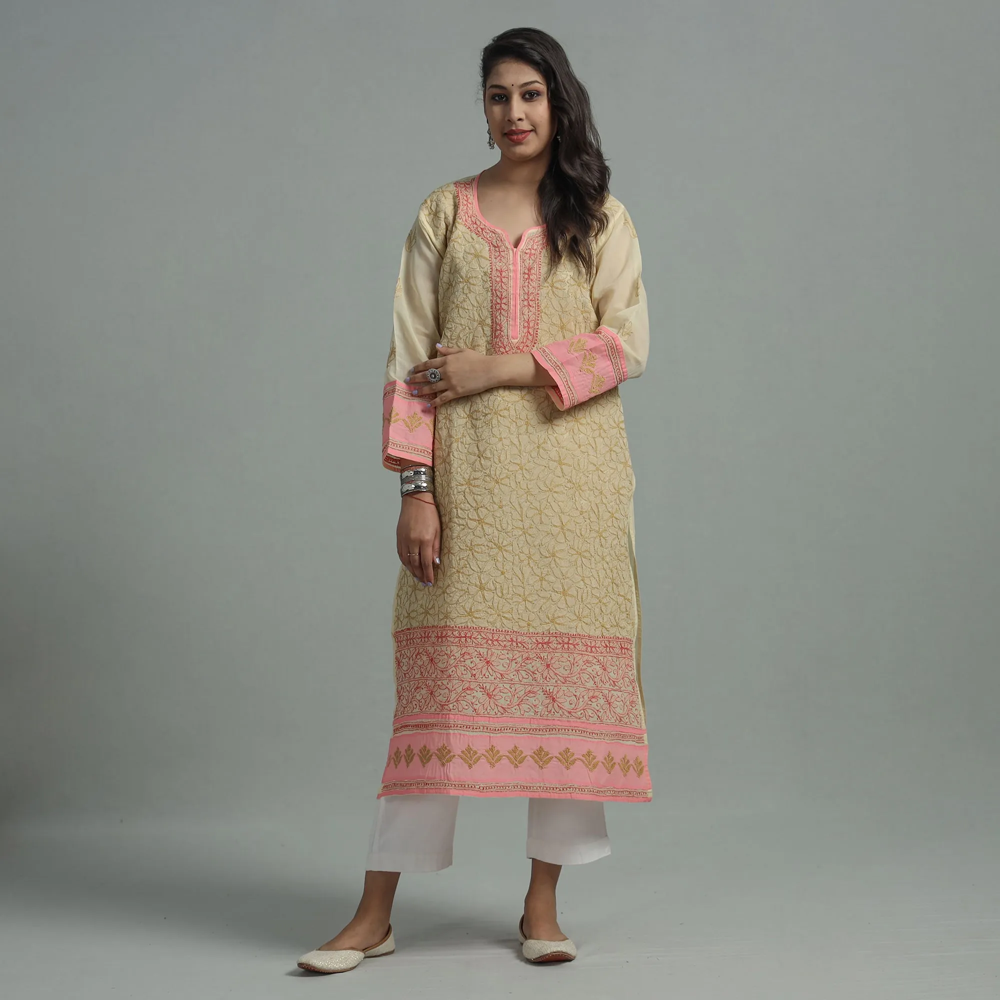 Yellow Chikankari Hand Embroidered Cotton Long Kurta with Inner