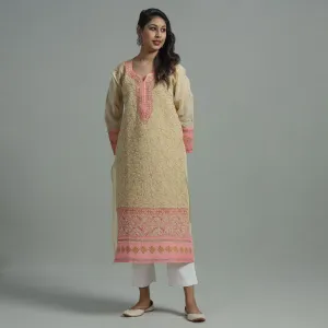 Yellow Chikankari Hand Embroidered Cotton Long Kurta with Inner