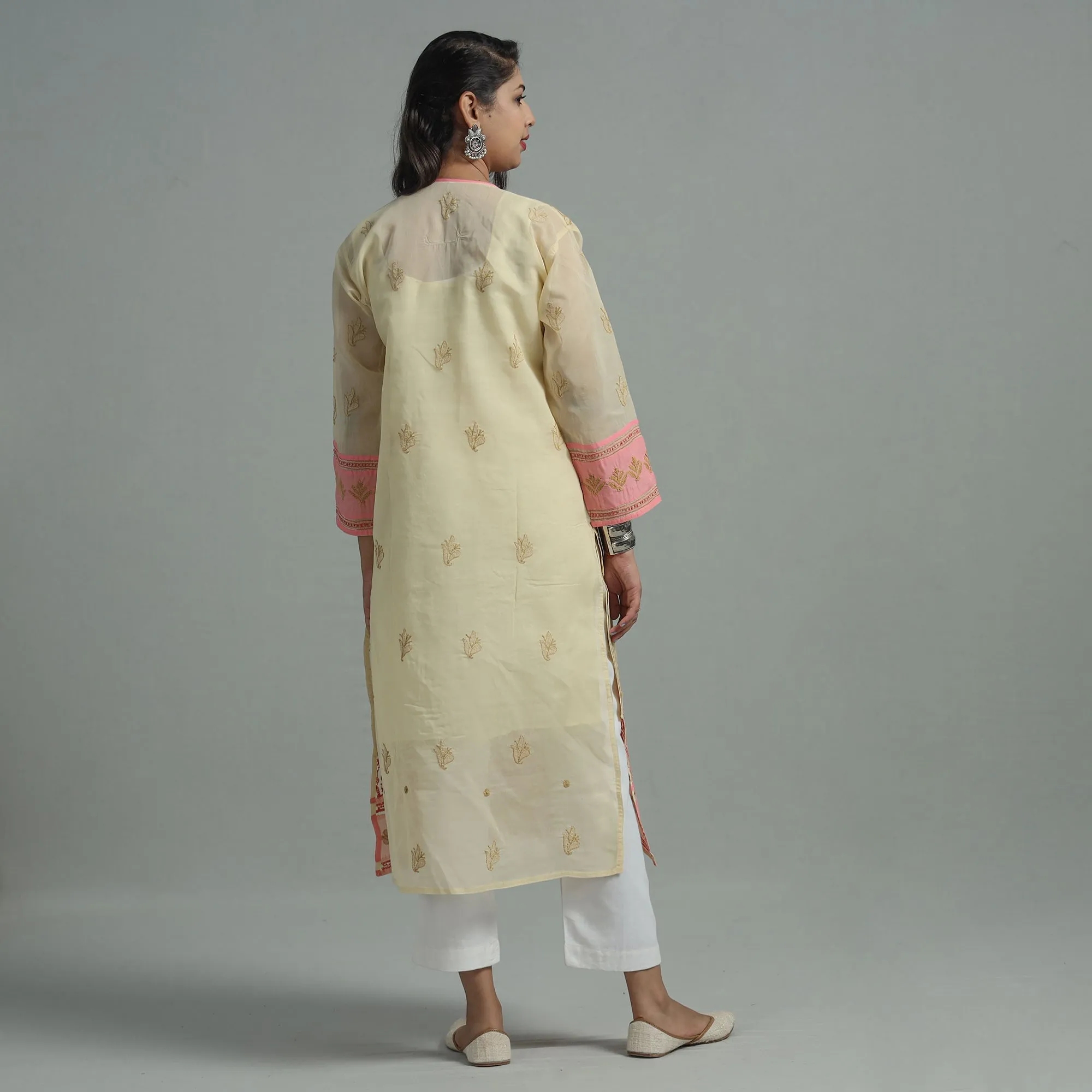 Yellow Chikankari Hand Embroidered Cotton Long Kurta with Inner